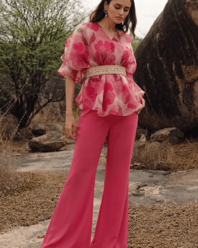 Floral Printed Organza Belted Top With Flared Palazo