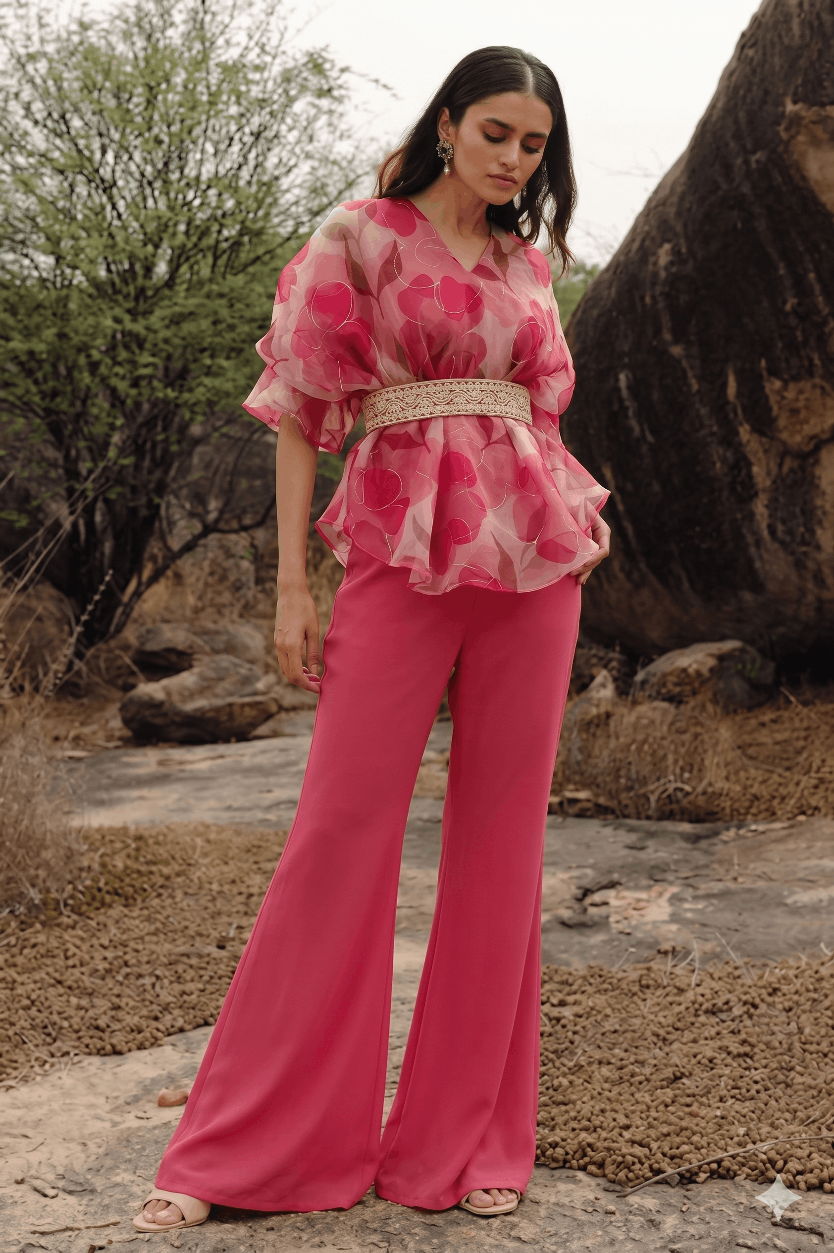 Floral Printed Organza Belted Top With Flared Palazo