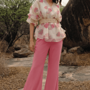 Floral Printed Organza Belted Top With Flared Palazo