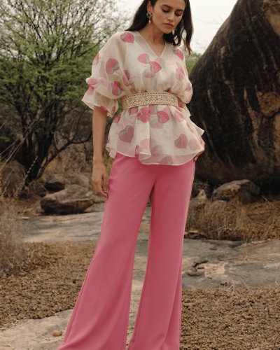 Floral Printed Organza Belted Top With Flared Palazo