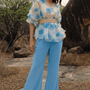 Floral Printed Organza Belted Top With Flared Palazo