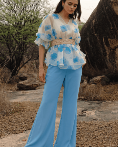 Floral Printed Organza Belted Top With Flared Palazo