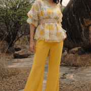 Floral Printed Organza Belted Top With Flared Palazo