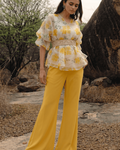 Floral Printed Organza Belted Top With Flared Palazo