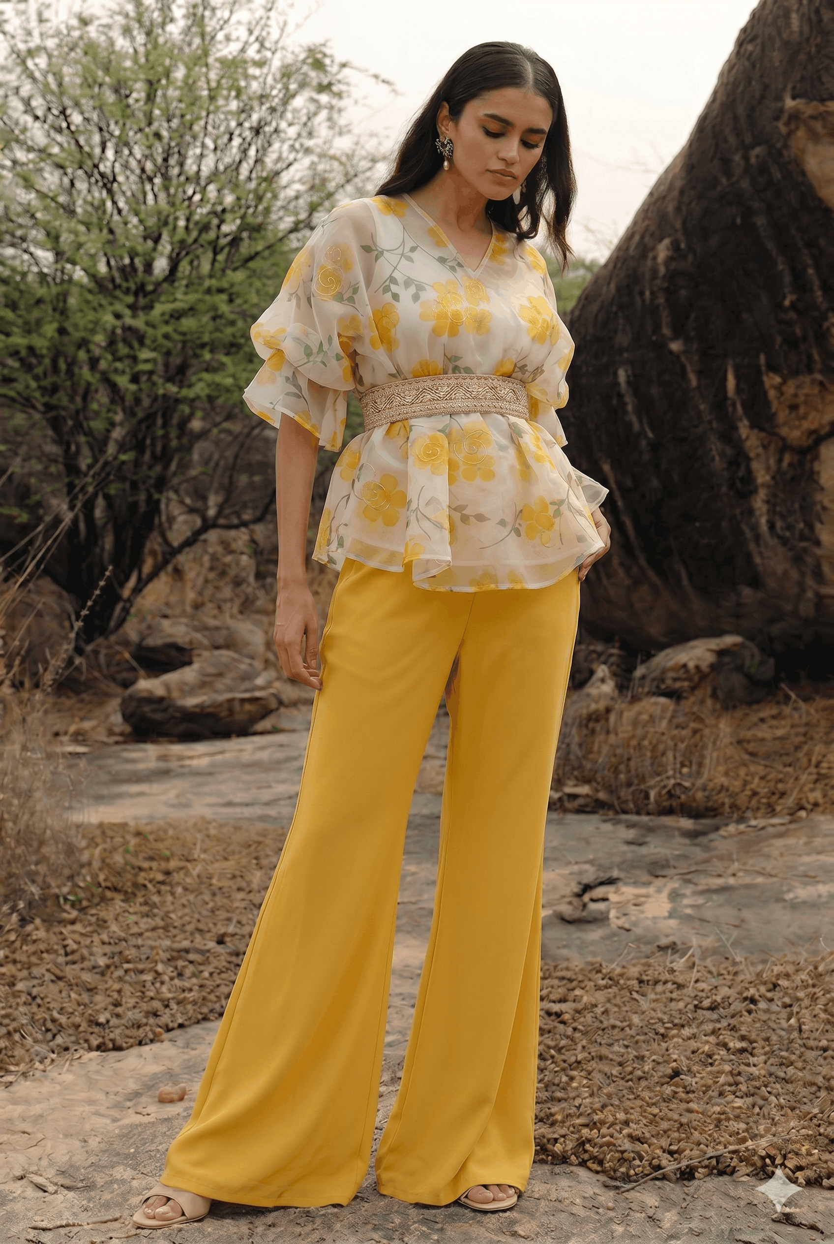 Floral Printed Organza Belted Top With Flared Palazo