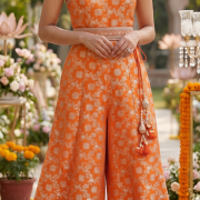 Sleeveless Brocade Jumpsuit In Orange Colour