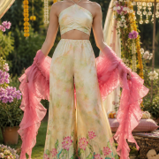 Halter Neck Crop Top & Lotus Print Palazo Set With Ruffle Dupatta