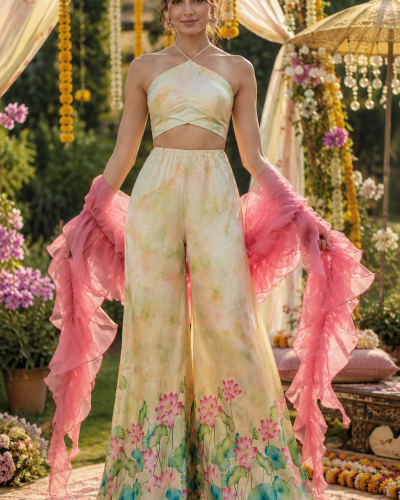 Halter Neck Crop Top & Lotus Print Palazo Set With Ruffle Dupatta