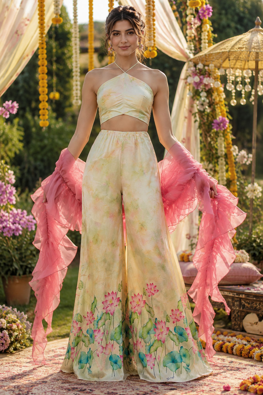 Halter Neck Crop Top & Lotus Print Palazo Set With Ruffle Dupatta