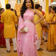 One Shoulder Draped Kaftan Dress In Pink Colour