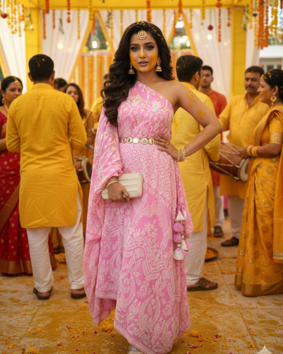 One Shoulder Draped Kaftan Dress In Pink Colour