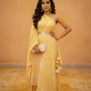 One Shoulder Draped Kaftan Dress In Yellow Colour