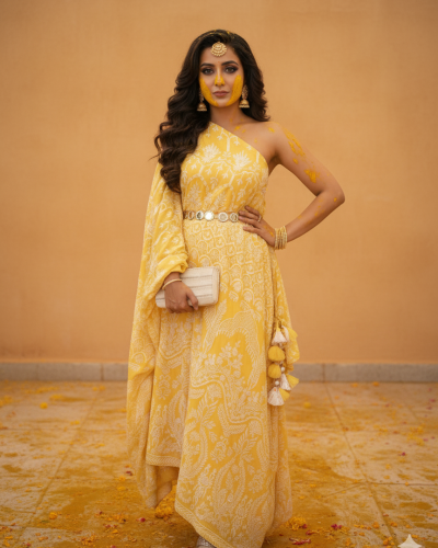 One Shoulder Draped Kaftan Dress In Yellow Colour