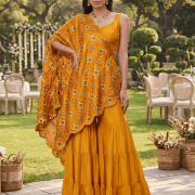 Patola Print Scalloped Dupatta with Crop Blouse and Tiered Sharara In Yellow Colour