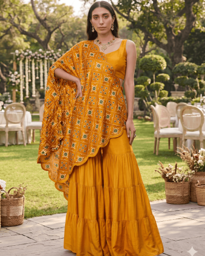 Patola Print Scalloped Dupatta with Crop Blouse and Tiered Sharara In Yellow Colour
