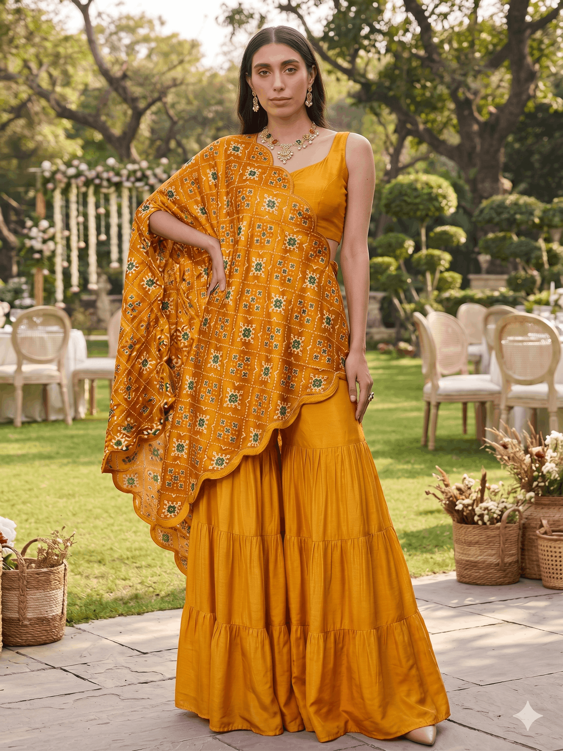 Patola Print Scalloped Dupatta with Crop Blouse and Tiered Sharara In Yellow Colour