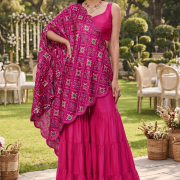 Patola Print Scalloped Dupatta with Crop Blouse and Tiered Sharara In Pink Colour