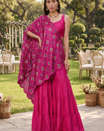 Patola Print Scalloped Dupatta with Crop Blouse and Tiered Sharara In Pink Colour