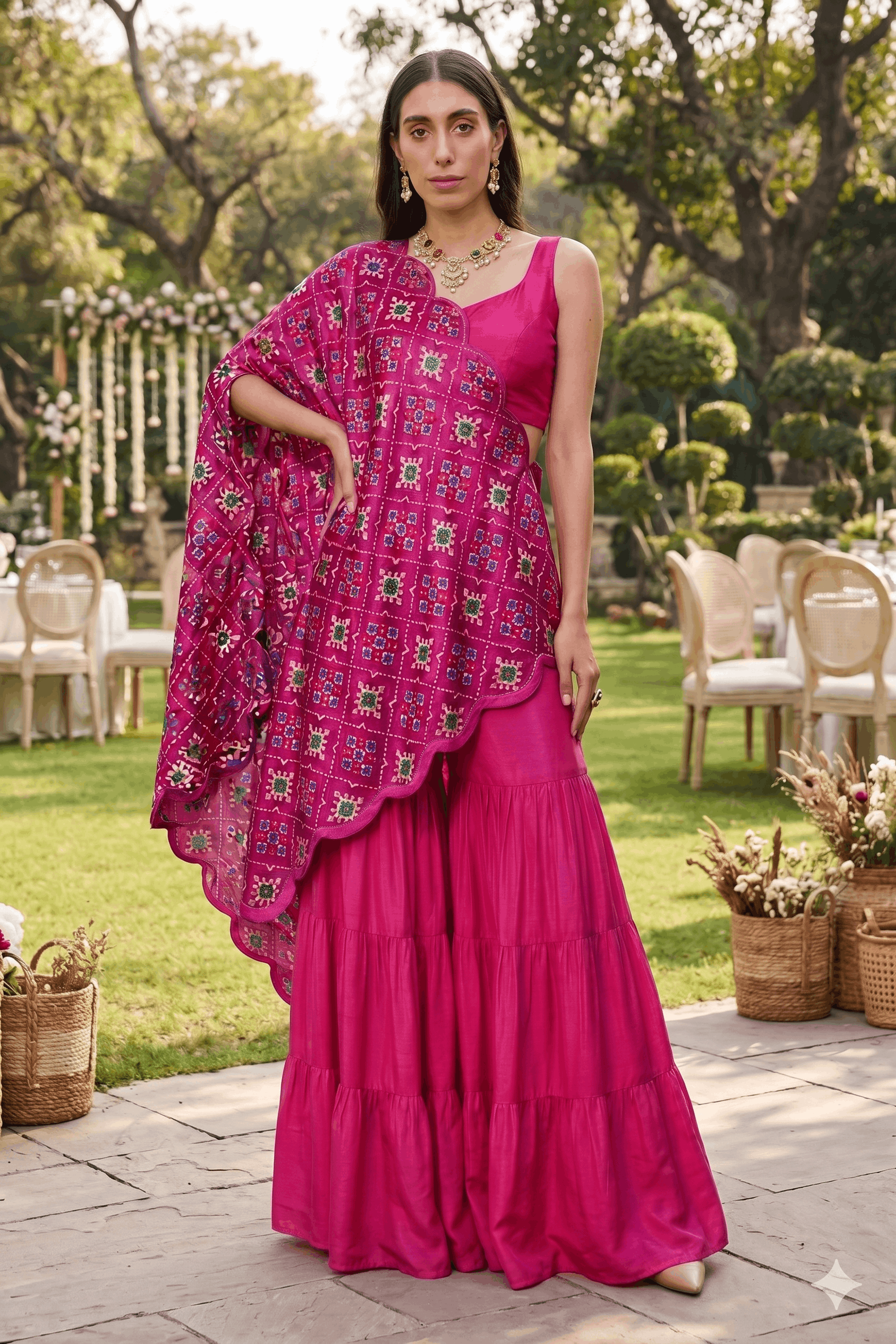Patola Print Scalloped Dupatta with Crop Blouse and Tiered Sharara In Pink Colour