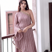 One-Shoulder Asymmetrical Sequin Kurta Set with Sharara