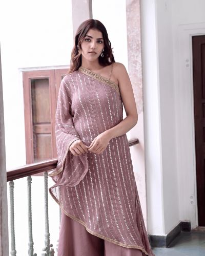 One-Shoulder Asymmetrical Sequin Kurta Set with Sharara