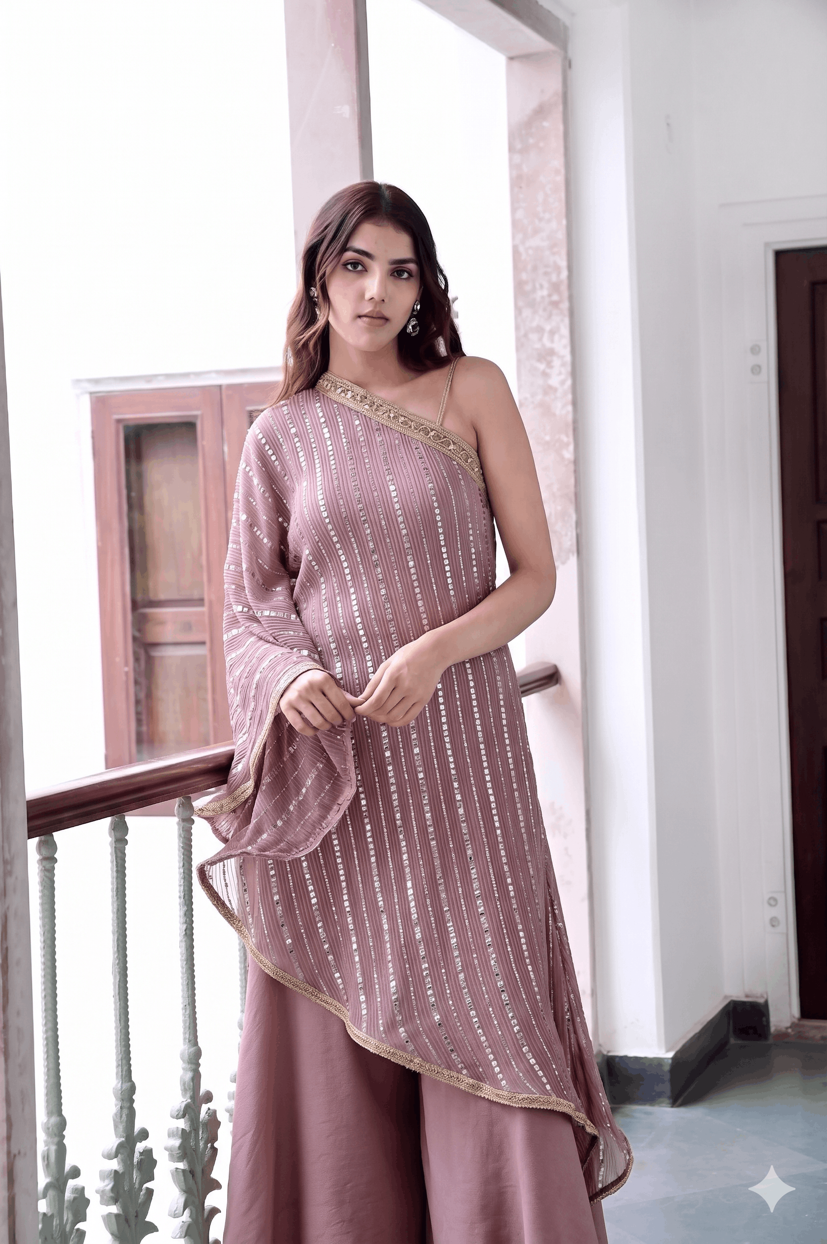 One-Shoulder Asymmetrical Sequin Kurta Set with Sharara