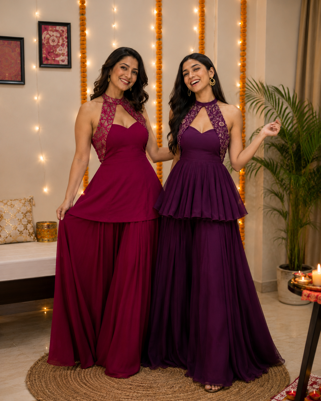 Pink & Royal Purple Sister Twinning Embroidered Georgette Set