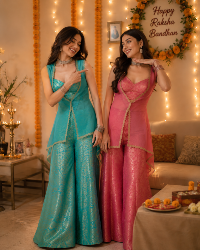 Sister Twinning Banarasi Corset Co-ord Set – Turquoise & Pink