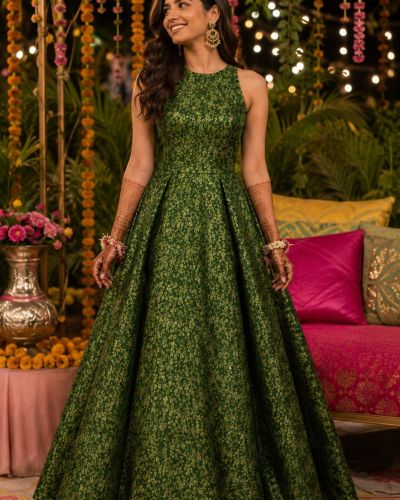 Banarasi Brocade Gown in Green Colour