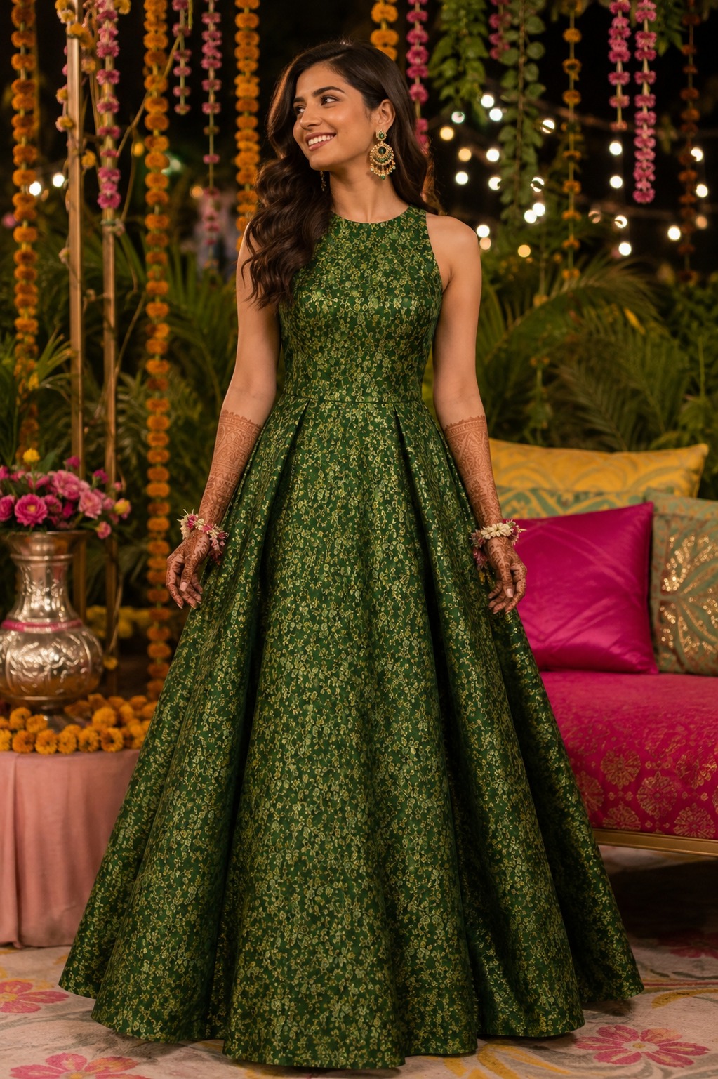 Banarasi Brocade Gown in Green Colour