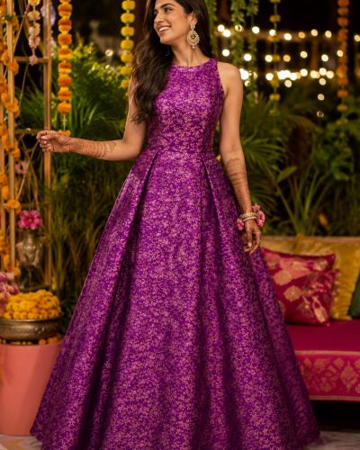 Banarasi Brocade Gown In Purple Colour