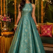 Banarasi Brocade Gown In Teal Turquoise Colour