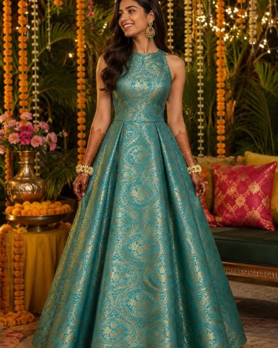 Banarasi Brocade Gown In Teal Turquoise Colour