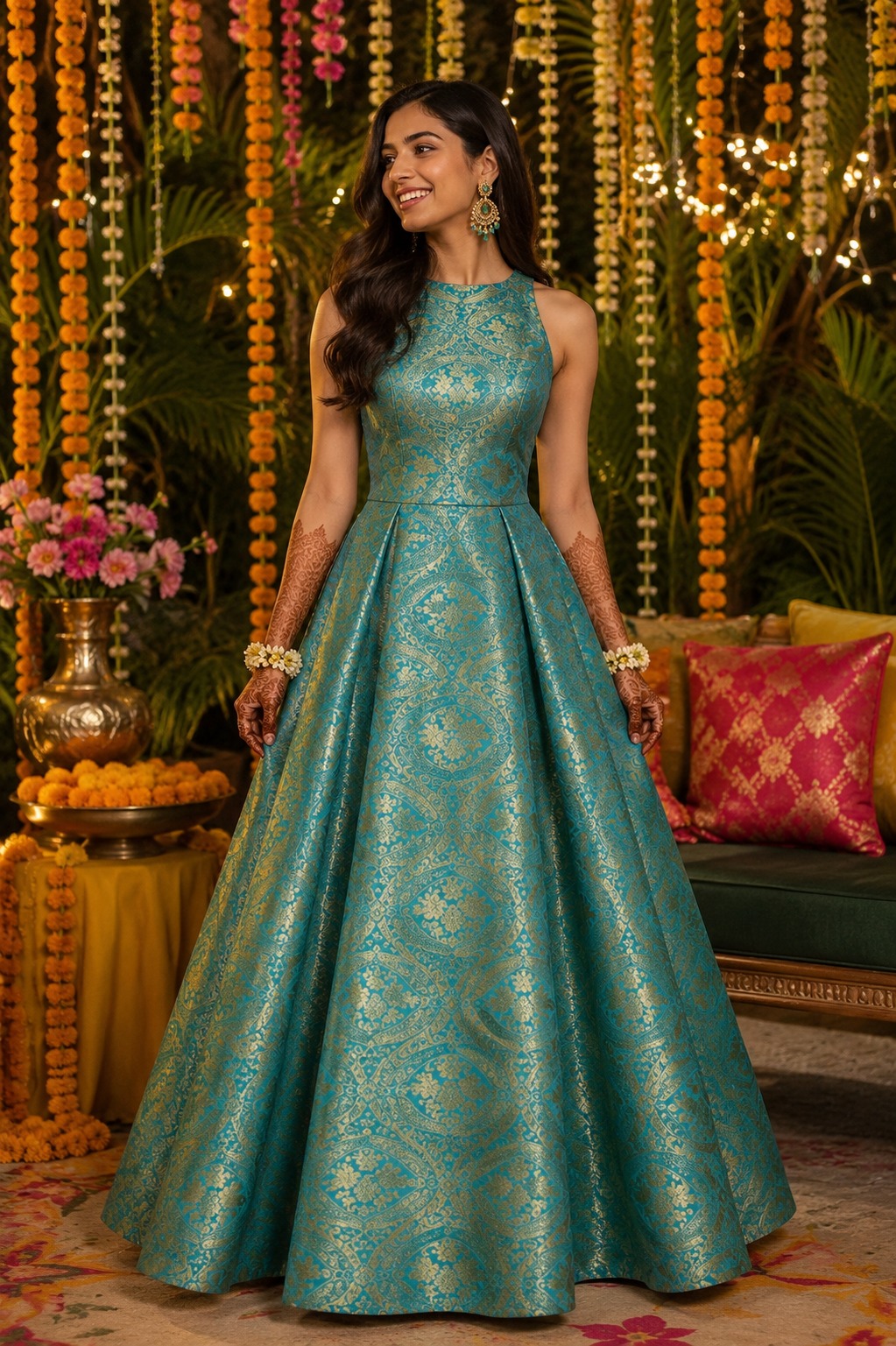 Banarasi Brocade Gown In Teal Turquoise Colour