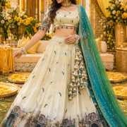 Peacock Print Chinon Lehenga In Cream Colour