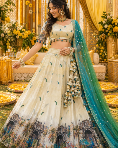 Peacock Print Chinon Lehenga In Cream Colour