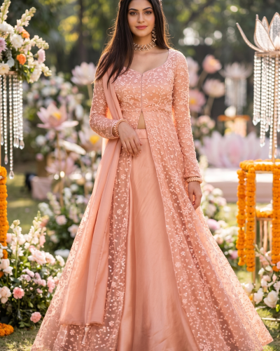 Floral Thread Embroidered Lehenga In Blush Pink Colour