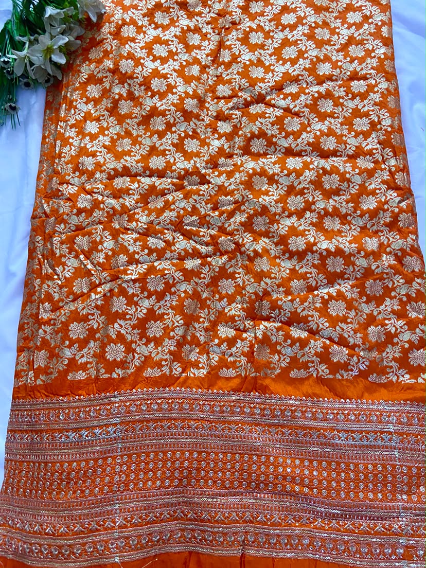 Sleeveless Brocade Jumpsuit In Orange Colour