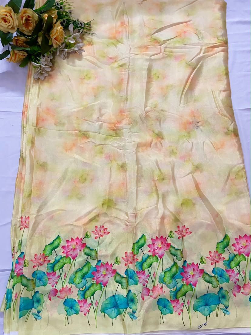 Halter Neck Crop Top & Lotus Print Palazo Set With Ruffle Dupatta