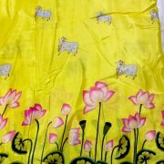 Chinon Fabric With Lotus Print In Daman Style In Yellow Colour