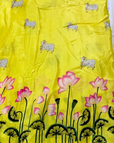 Chinon Fabric With Lotus Print In Daman Style In Yellow Colour
