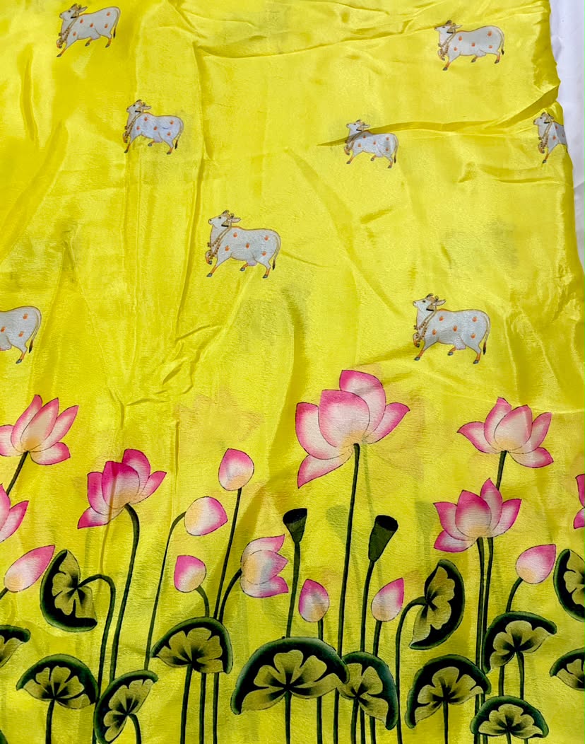 Chinon Fabric With Lotus Print In Daman Style In Yellow Colour
