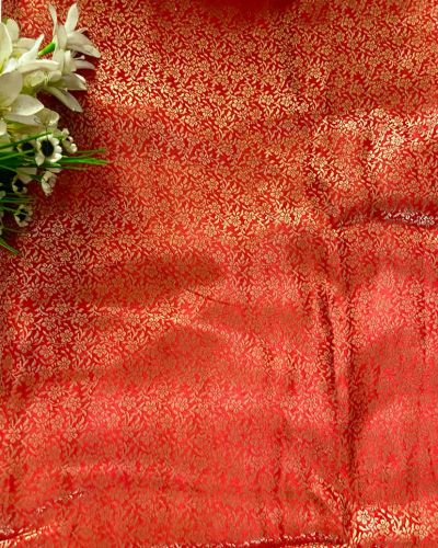 Orange Brocade Banarasi Silk Fabric With Golden Weaving