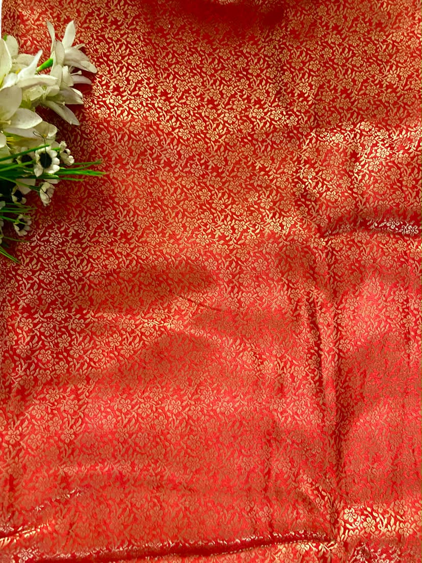 Orange Brocade Banarasi Silk Fabric With Golden Weaving