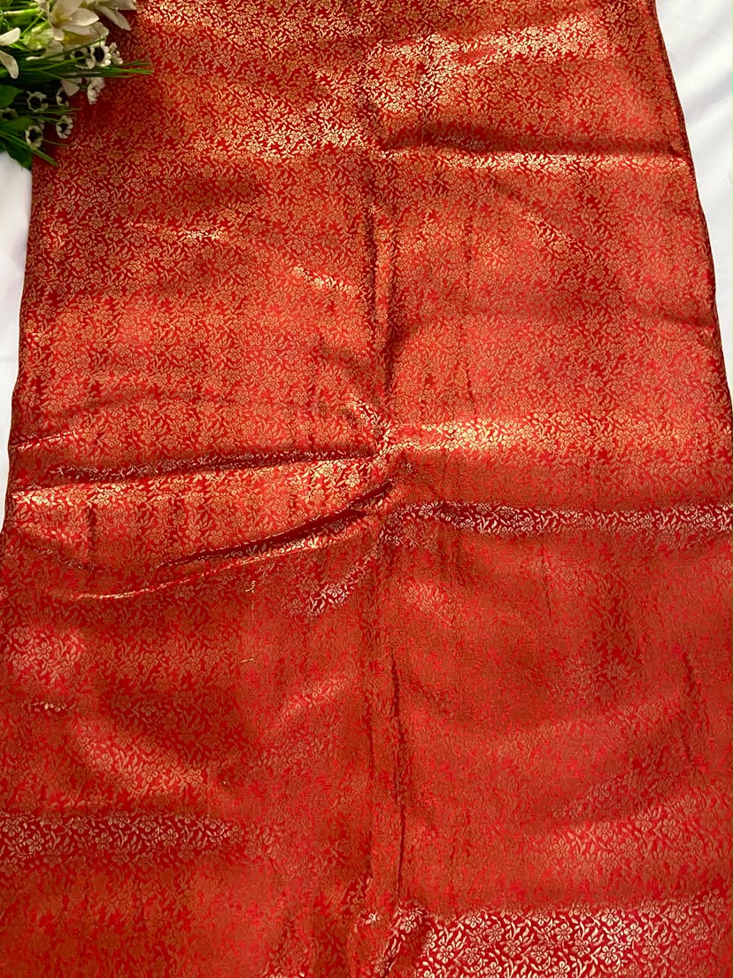Orange Brocade Banarasi Silk Fabric With Golden Weaving