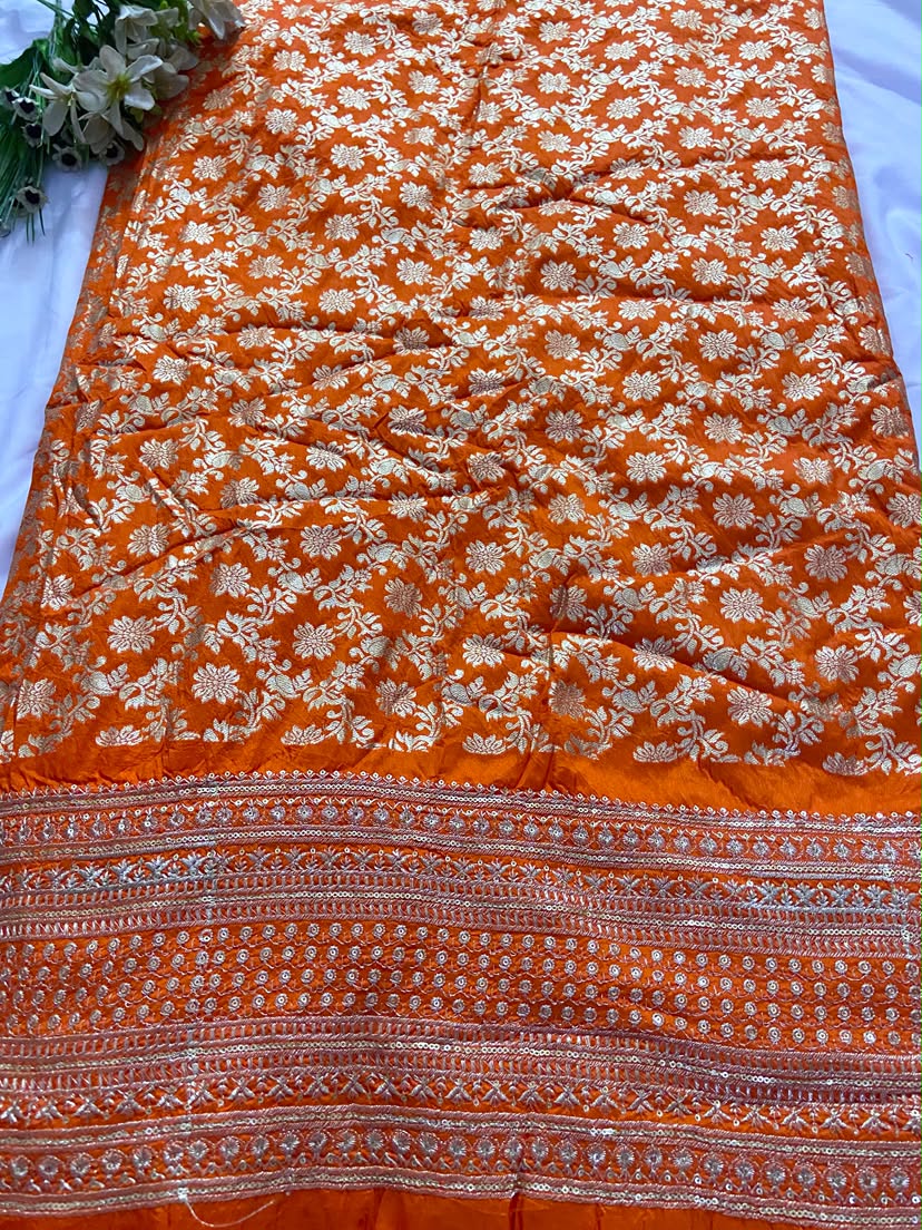 Sleeveless Brocade Jumpsuit In Orange Colour