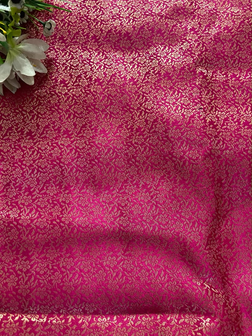 Pink Brocade Banarasi Silk Fabric With Golden Weaving