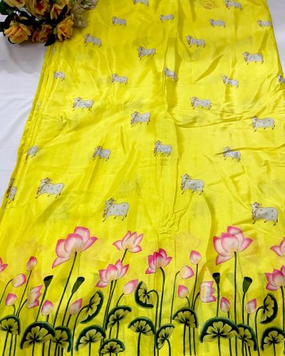 Chinon Fabric With Lotus Print In Daman Style In Yellow Colour