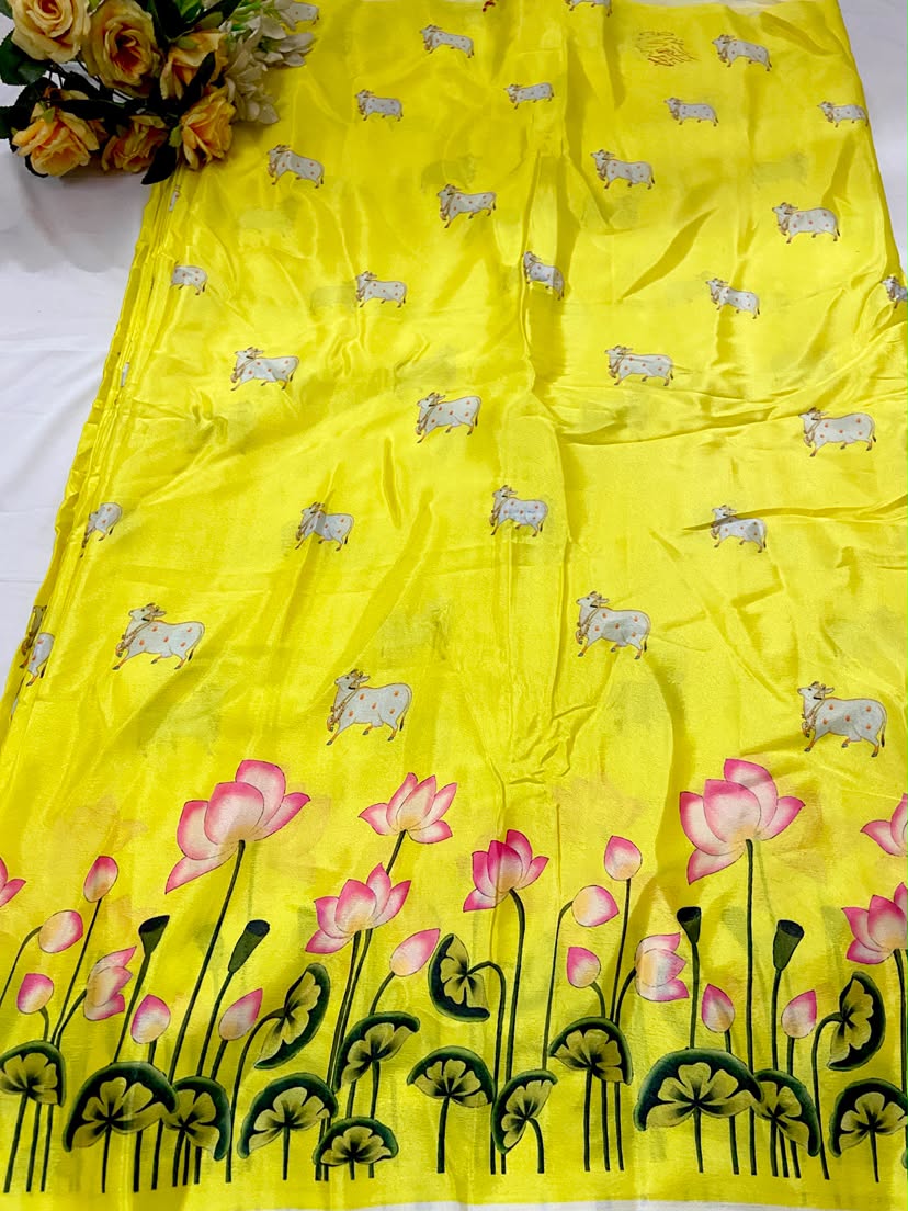 Chinon Fabric With Lotus Print In Daman Style In Yellow Colour