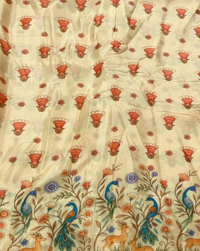 Chinon Fabric With Peacock Print In Daman Style In Cream Colour